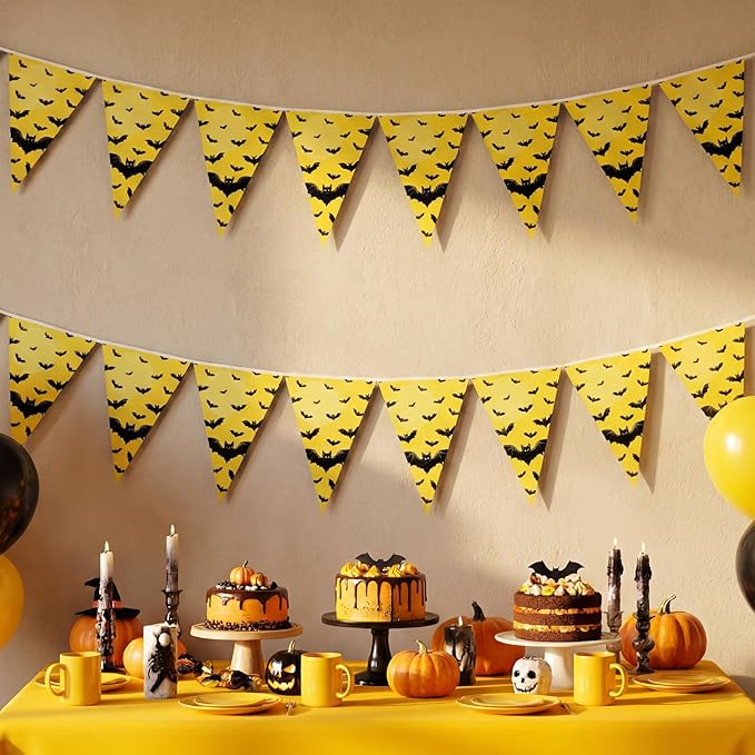 5 Pcs Bat Birthday Pennant Banner Decorations Pre Strung Bat Flag Banner Hero Party Supplies Decorative Yellow and Black Photo Booth Backdrop for Birthday Party Decor