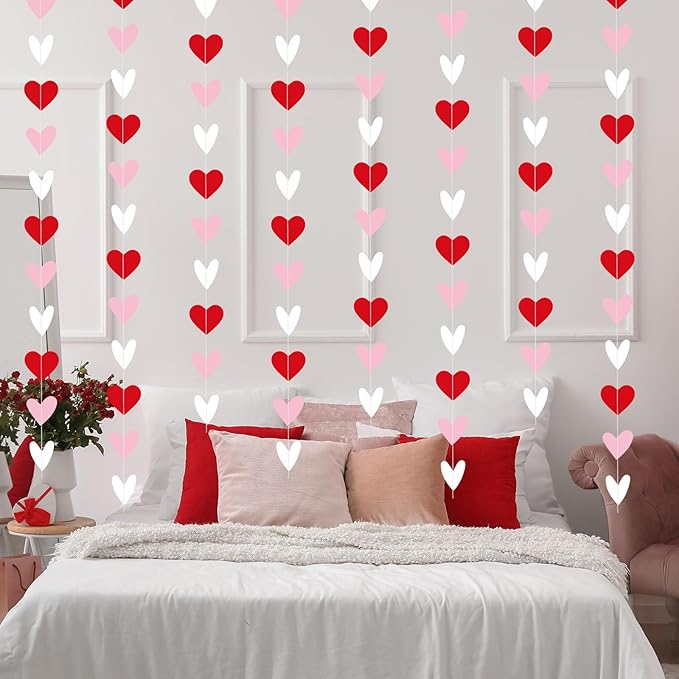 Capoda 8 Pcs Valentine's Day Garland Decorations Red Pink White Heart Garland Banners Solid Outlined Romantic Hearts Hanging Banners for Sweet Day Birthday Wedding Anniversary Party Supplies