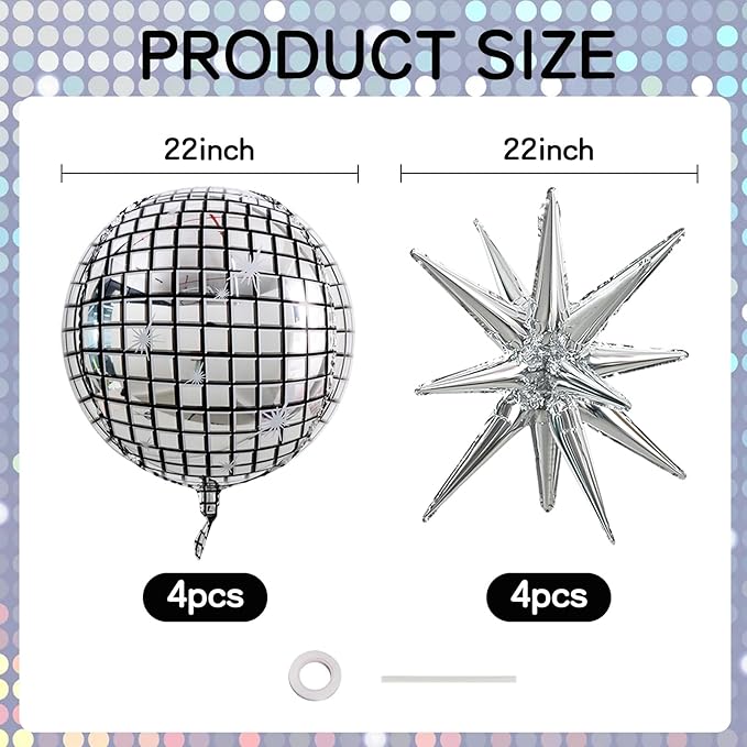 TONIFUL 8 Pcs 22Inch Disco Large 4D Giant Round and Star Balloons Explosion Star Mylar Balloons Set for Backdrop Christmas New Year Birthday Wedding Bridal Shower Anniversary Photo Booth Supplies