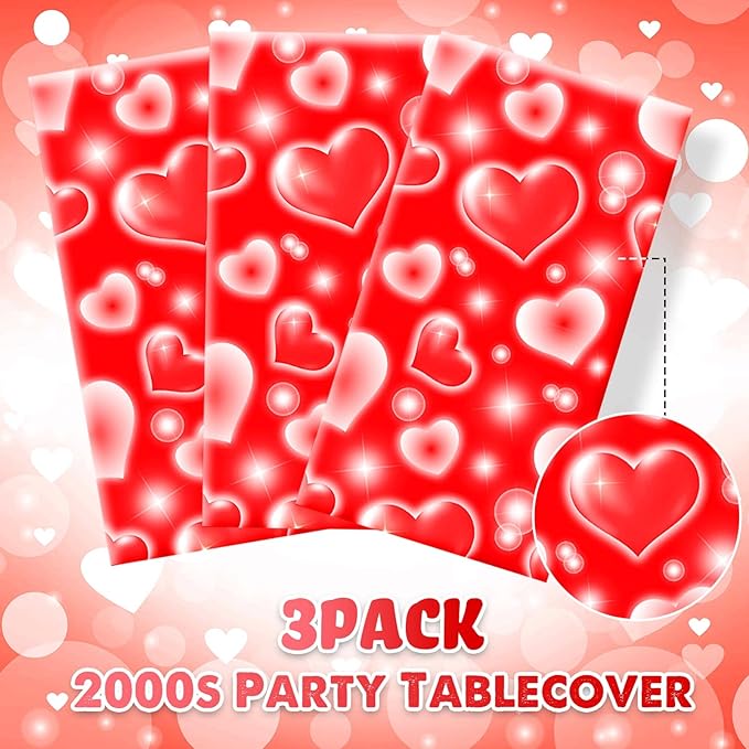 Tudomro 3 Pack 2000s Tablecloth Decoration 54 x 108 Inches Cholo Party Table Cover Y2k Party Decoration Heart Disposable Kpop Table Cloth for Birthday Supplies(Red)