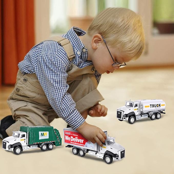 G.C 3 Pack Diecast Transport Vehicles Set - Garbage Truck, Tanker, Delivery Truck 1:50 Scale Pull Back Metal Model Car Toys for Boys