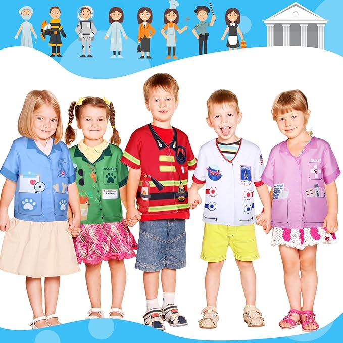 Jiuguva 12 Pcs Kids Role Play Costume Dress up Clothes for Kids Community Helper Career Cosplay Doctor Construction Workers Fireman Police Halloween Costumes for Career Day Pretend Play
