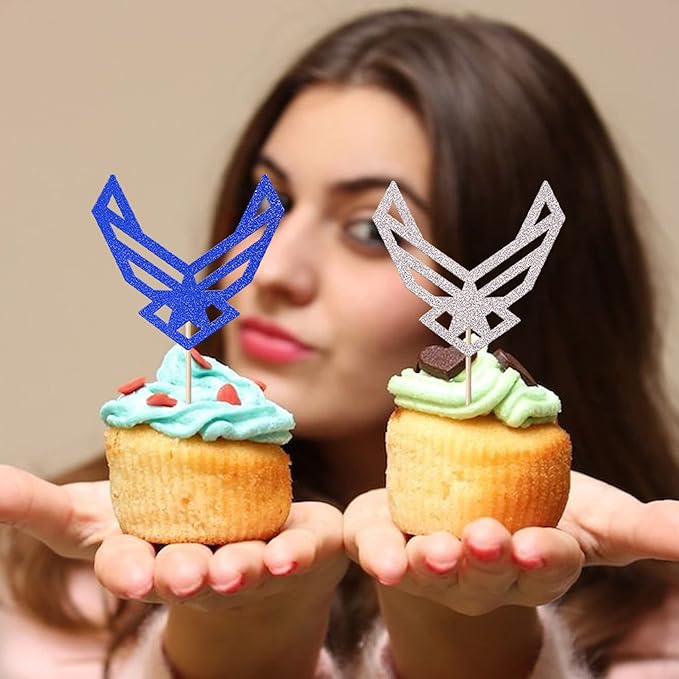24 Pack Emblem Cupcake Toppers Glitter Army Navy Air Force Cupcake Picks for Congrats Retirement Army Military Theme Birthday Cake Decorations Party Supplies Blue Silver