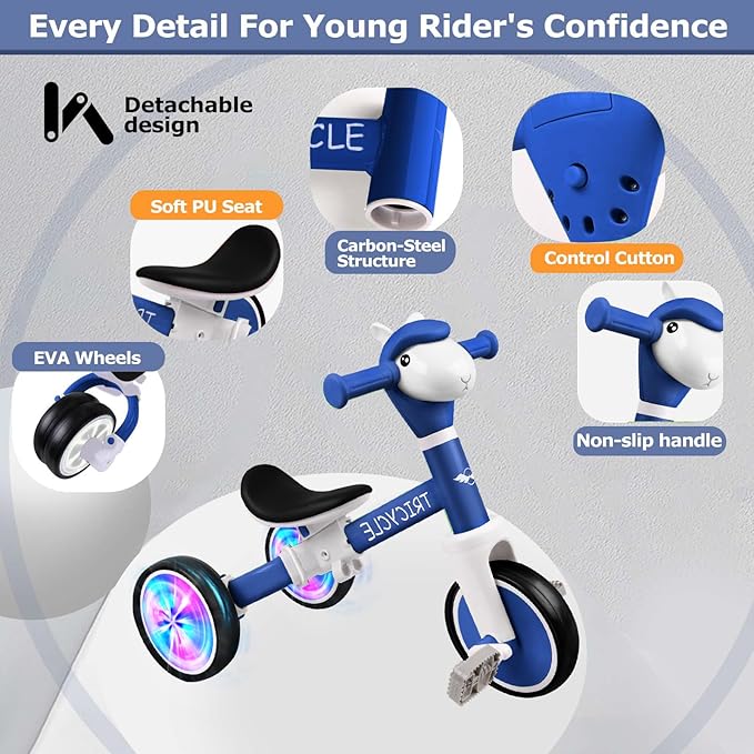 Toddler Balance Bike for Boys Girls, Tricycle for Toddlers 1-5 Year Olds, Toddler Tricycle with Light & Music Front, Kids Bicycle with Removable Pedal, Birthday Gifts for Kids (Flash Wheel Blue)