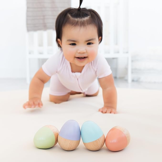 Pearhead Easter Wooden Egg Shakers Baby Toy Set – 4-Piece Montessori Musical Sensory Toy for Infants 0+ Months, Rhythm & Fine Motor Skills, Easter Basket Stuffer