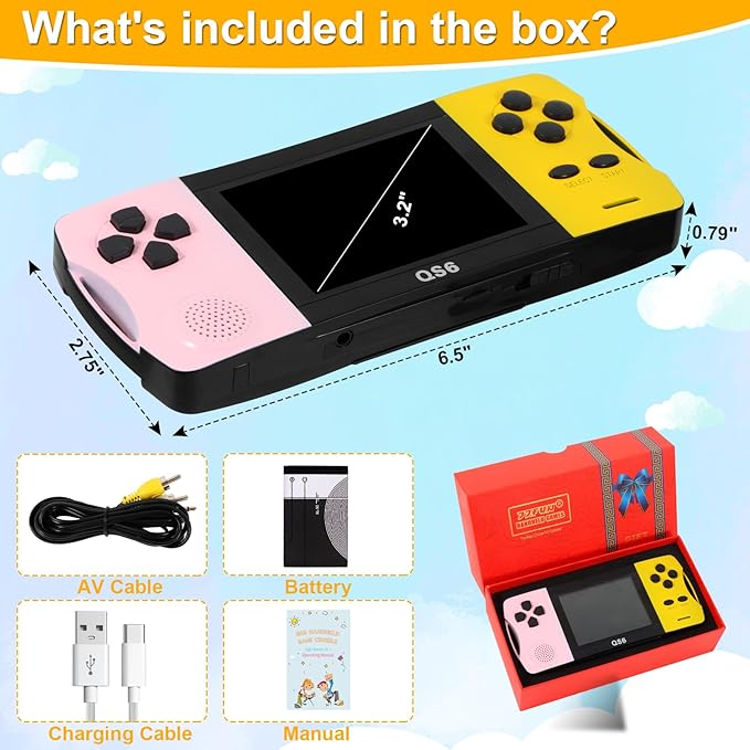 JJFUN Kids Portable Retro Handheld Game,Buit in 138 Claasic Games and 3.2'' IPS Screen, Rechargeable Portable Toy for Home/Car/Travel/On-The-go Fun, Perfect Birthday for Girls Ages 3-12