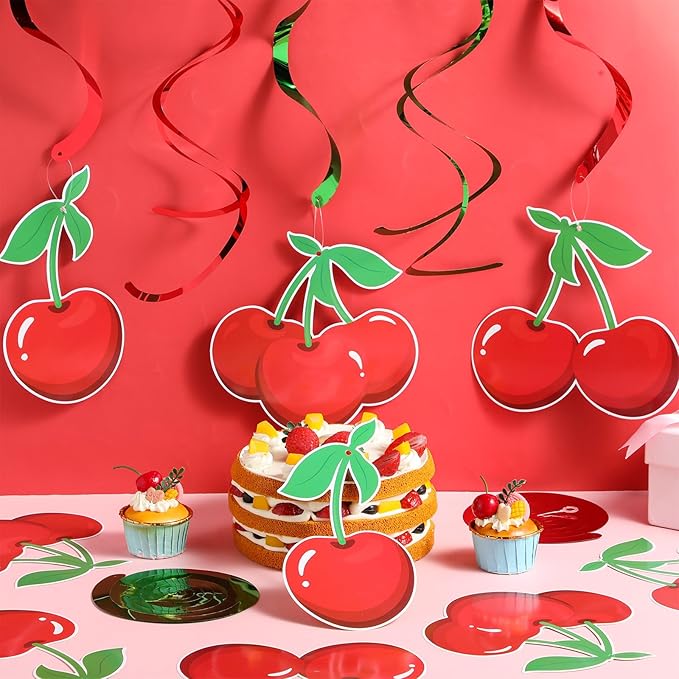 Faccito 30 Pcs Cherry Hanging Swirl Decorations Cherry Party Hanging Ornaments for Birthday Baby Shower Party Supplies Decor