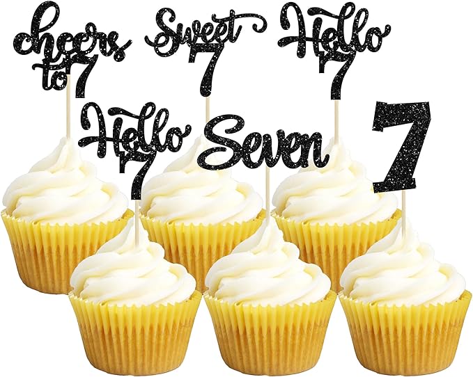 30Pcs 7th Birthday Cupcake Toppers Glitter Seven Happy 7 Cupcake Picks Cheers to 7 Years Old Cake Decorations for 7th Birthday Party Supplies Black
