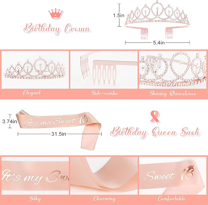 Amandir Sweet 16 Party Decorations, 16th Birthday Decorations for Girls Rose Gold Pink Foil Number Balloons Table Cloth Crown Sash Fringe Curtains Happy Birthday Banner Butterfly Party Supplies