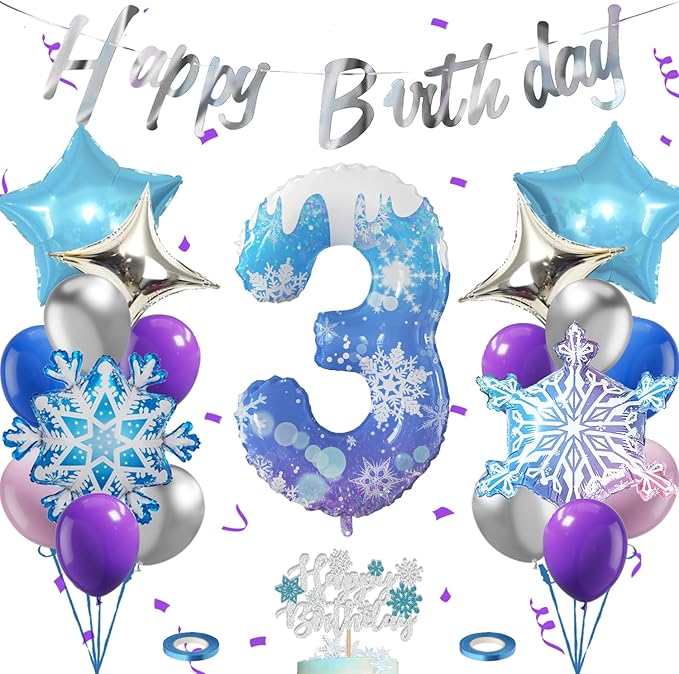 40 Inch Frozen Balloons number 3 Birthday Balloon,2 Giant snowflake foil balloons, 2 blue and silver star foil balloons Frozen Theme Party Supplies Winter Party Decoration For Girl's Birthday