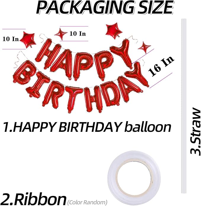 Red Happy Birthday Banner Balloon Aluminum Foil 16 Inch Letter,10 Inch Five Pointed Star Four Pointed Star Suitable for Kids, Men, Women, Boys and Girls Party Decoration Supplies