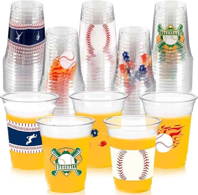 100Pcs Baseball Party Decorations Cups,12OZ Clear Disposable Plastic Drinking Cups For Baseball Theme Birthday Party Decor Supplies
