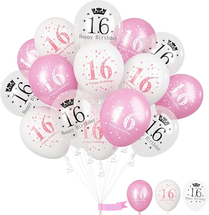 Sweet 16 Birthday Decorations for Girls, Pink White Happy 16th Birthday Party Latex Balloons, 15 Pieces 16th Birthday Decorations for Her Kids Age 16 Year Old Birthday Party Decorations Supplies