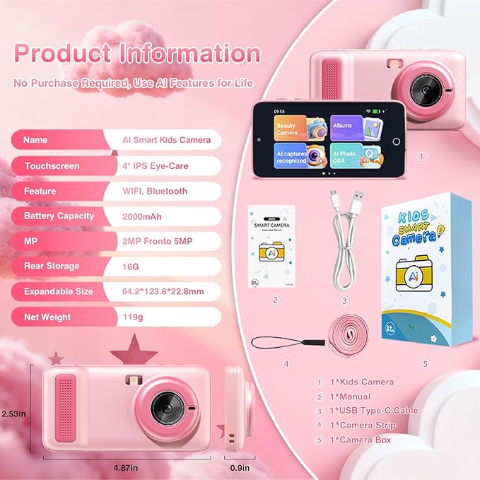 AI Digital Camera for Kids with WiFi, Photo Recognition & Voice Dialogue, 4" Touch Screen AI Kids Smart Camera with Dual Lens, Portable Learning Toy, Christmas Birthday Gift for Ages 3-15 (Pink)