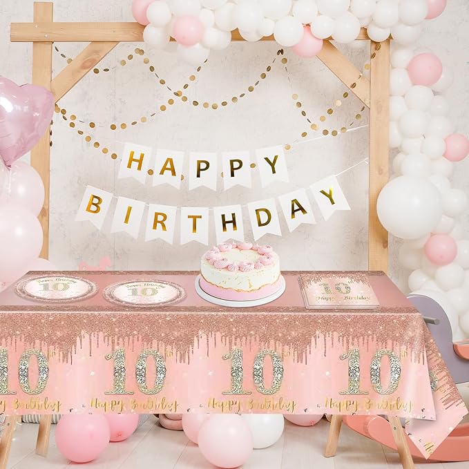 41 Pcs 10th Birthday Decorations for Girl,Rose Gold Happy 10 Years Old Ten Birthday Party Tableware Set 10th Birthday Party Plates and Napkins,Tablecloth for Kids Girls Teenager Favors