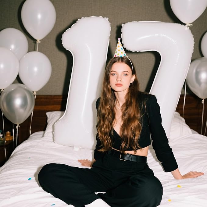 40 Inch White Number 17 Digital Balloon,Jumbo Mylar Foil Helium Balloon for 17 Balloons for Birthday Party,Wedding Anniversary Party Decorations