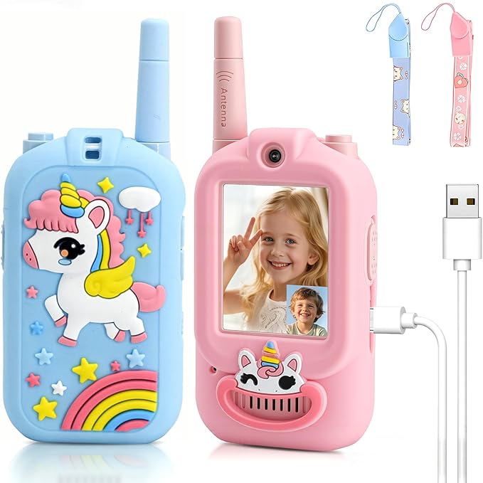 Video Walkie Talkies for Kids, Handheld 2 Pack Rechargeable Video Intercom Kids Walkies Talkies, Indoor Outdoor Toys for Family Games, Outside, Camping, Hiking for Boys Girls Ages 3-12 (New Blue/Pink)