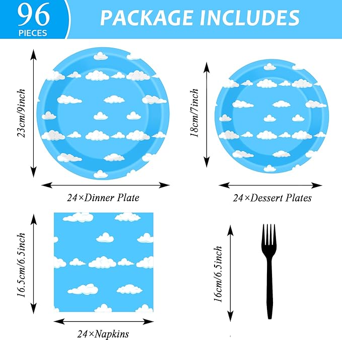Blue Sky 96 Pc White Clouds Party Plates & Napkins - Cartoon Story Tableware Set - Clouds Theme Decorations & Favors for Girls & Boys Birthday & Baby Shower - Serves 24