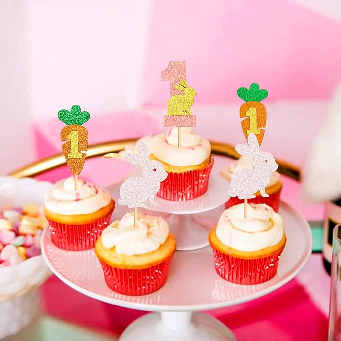 Ercadio 24Pcs Easter Bunny One Cupcake Toppers Glitter Rabbit Carrot One Cupcake Picks for Easter 1st Birthday Party Easter Baby Shower Rabbit Boys Girls First Birthday Cupcake Decorations