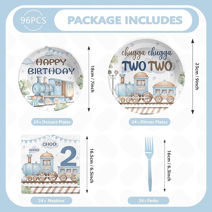 Grencian 96Pcs Chugga Chugga Two Two Birthday Party Decorations Watercolor Train 2nd Paper Plates Retro Blue Disposable Choo Choo I'm 2 Tableware Set for 2 Year Old Birthday Party Supplies, Serves 24