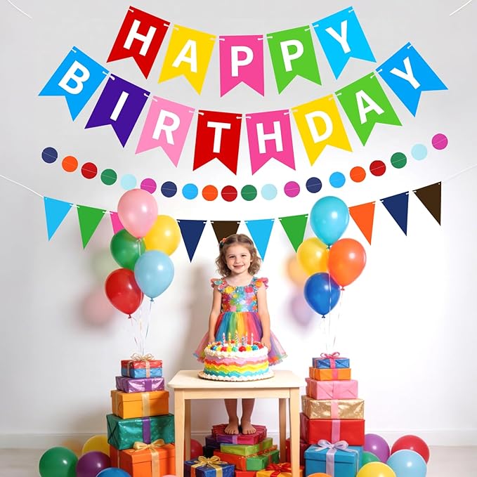 Colorful Happy Birthday Banner, Happy Birthday Decorations Hanging Birthday Sign Circle Dot Triangle Bunting for Women Men Girl Boy Party Supplies
