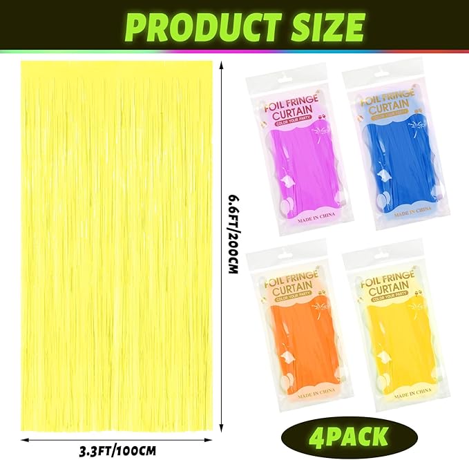 Weysat Glow in The Dark Party Supplies 4 Pack 3.3x6.6ft Neon Party Decoration Neon Tinsel Foil Fringe Curtain 2026 Vbs Photo Booth Backdrop Streamer for Birthday Decor(Blue, Purple, Yellow, Orange)
