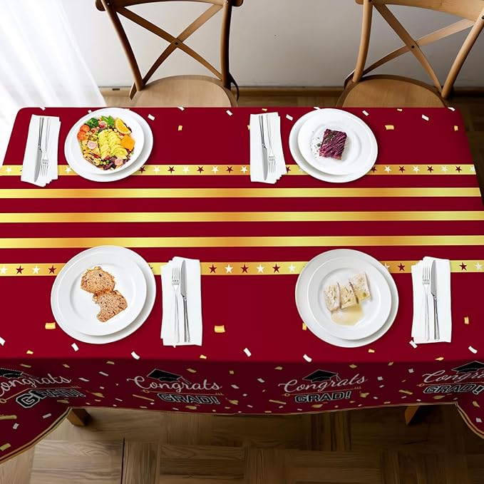 Childom 3 Pack Graduation Tablecloth,Graduation Decorations Class of 2026 Graduation Party Decorations,54"x108"Wine Red and Gold Plastic Table Cloth Disposable Rectangle for Home,School Party Supplies