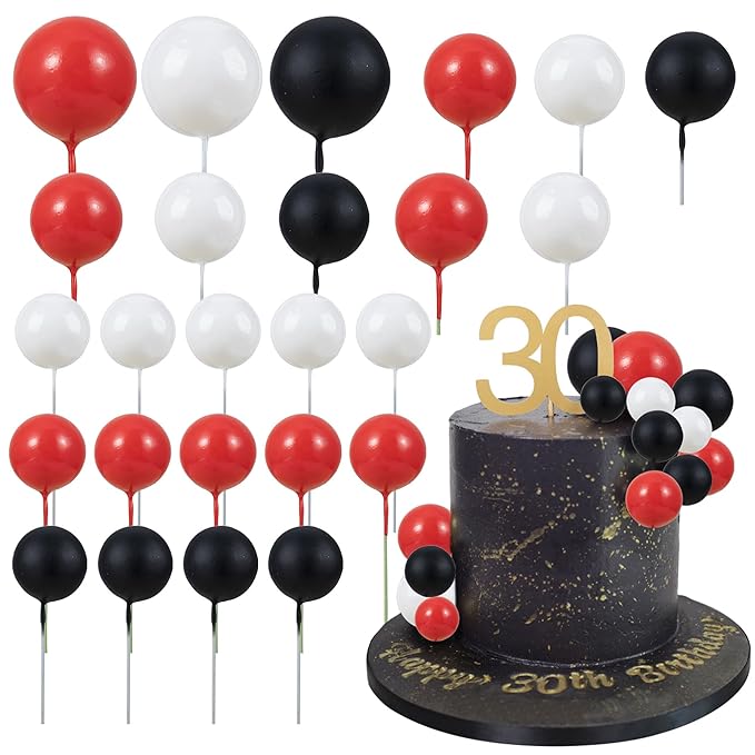 Gyufise 30Pcs Ball Cake Topper Decorations Mini Balloons Cake Topper Sticks Foam Balls Cake Picks Decorations Cake Decorations for Wedding Party Birthday Decorating Red Black White