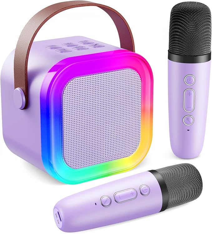 Fede Karaoke Machine for Kids Adults, Mini Karaoke Machine with 2 Wireless Microphones, Portable Bluetooth Speaker with Voice Changing Effects & LED Lights, Best Gifts Toys for Girls and Boys