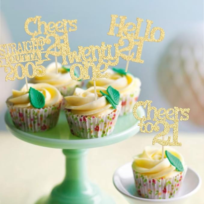 Ephlyn 24Pcs 21st Birthday Cupcake Toppers Glitter Straight Outta 2005 Cupcake Picks Hello 21 Cheers to 21 Years Cake Decorations for 21st Birthday Anniversary Party Decorations Supplies Gold