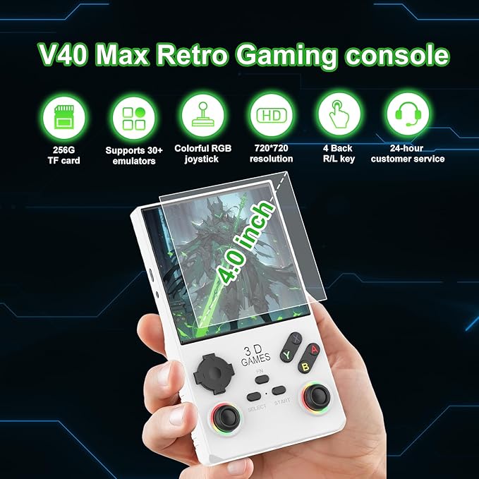 RegiisJoy 2025 New Upgraded V40 Max Handheld Game Console, 40000 Games 4 inch IPS Screen Retro Gaming Console, 256G 4000mAh Portable Mini Pocket Handheld Emulator Gift for Adults