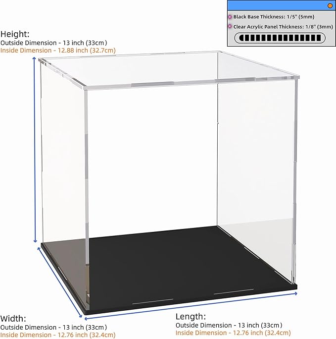 Acrylic Display Case 13x13x13 Inch, Clear Collectible Display Box with Matte Black Base, Dustproof Showcase for Figures, Models, Sports Memorabilia – Easy Self Assembly