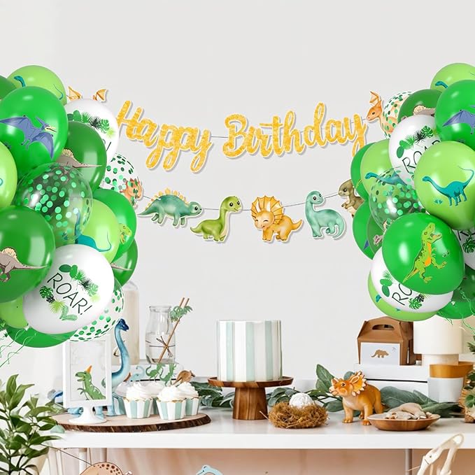 Dinosaur Balloons, 12 Inch Fruit Lime Dark Green White Confetti Balloons with Dinosaur Printed Pattern for Boys Jungle Theme Birthday Party Safari Woodland Baby Shower Decorations