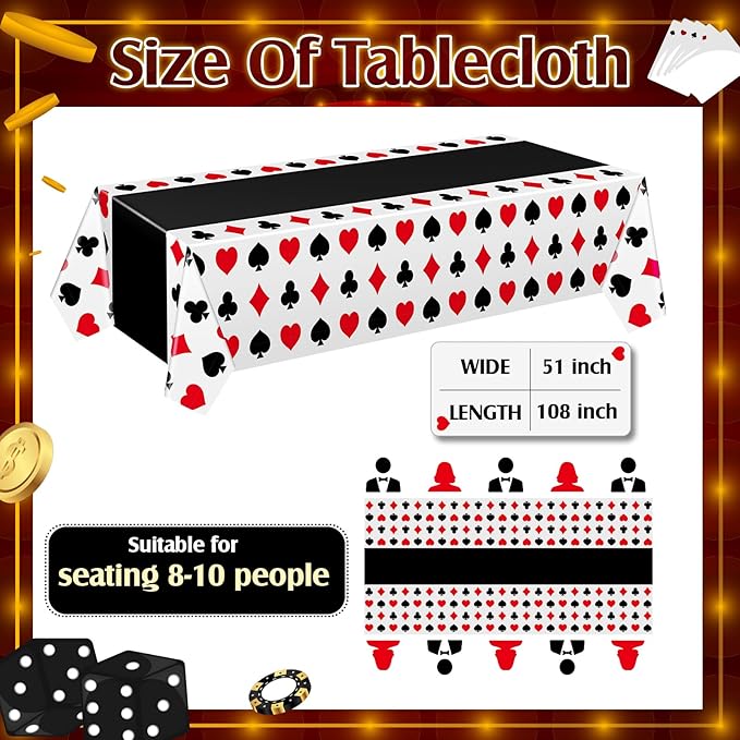 Hosuly 3 Pcs Casino Theme Party Decorations Poker Tablecloth Poker Plastic Disposable Table Cover Casino Theme Tablecloth for Game Birthday Playing Card Party Picnic Supplies, 51 x 108 Inch (Black)