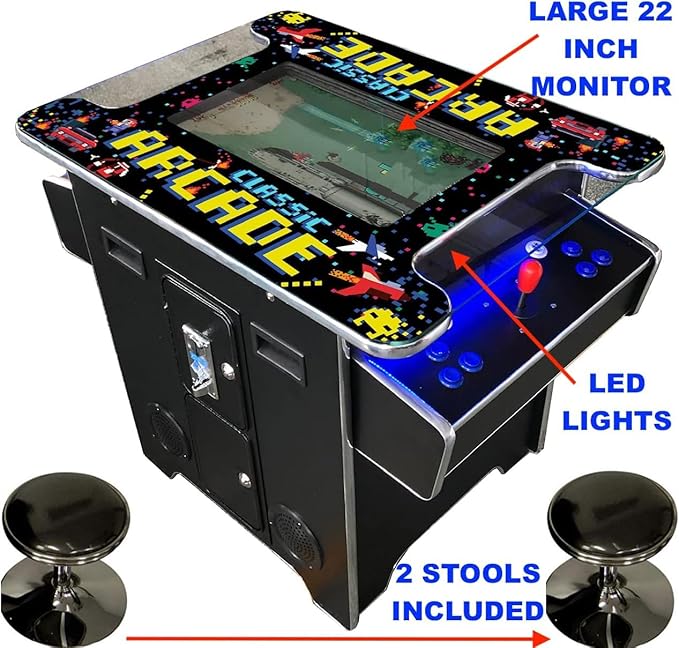 Full Size Commercial Grade Cocktail Arcade Machine 2 Player Retro 412 Games 22" LCD Screen Tempered Glass 2 Stools Included 5 Year Warranty Black