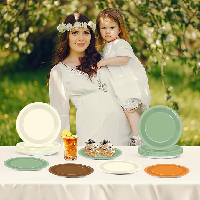 CHUNNIN 48Pcs Safari Party Paper Plates for Woodland Themed Party Supplies 7" Brown Sage Green Disposable Dessert Plates for Spring Birthday Woodland Forest Animal Baby Shower Decor