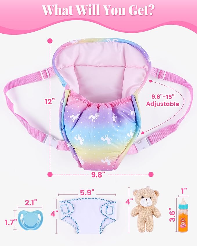 BABESIDE Baby Doll Accessories, Doll Carrier with Magic Bottle, Doll's Diaper, Doll Teddy & Pacifier – Baby Dolls Accessories Set for 12-15 Inch Dolls, Pretend Play Gift for Girls Boys Ages 3+