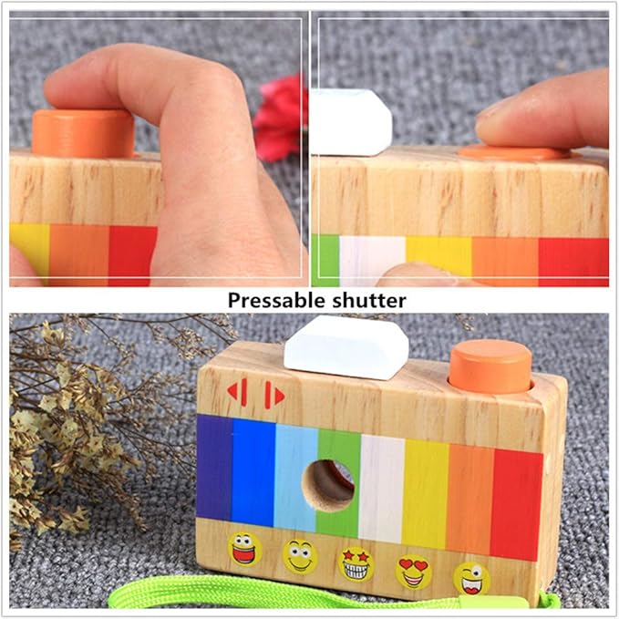 GoodPlay Cartoon Mini Wooden Camera Toy with Multi-Prism Kaleidoscope Pictures Lens Portable Camera for Children Toddlers (Carrying in The Hand)