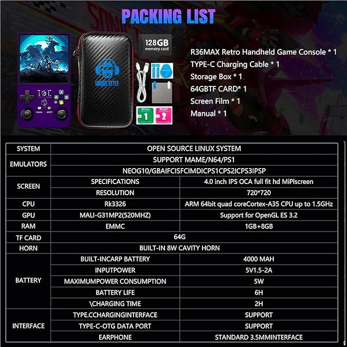 R36MAX Retro Handheld Game Console,Retro Gaming Console with 18000+ Games 128GB Card,4 Inch IPS Screen, Portable Video Gaming, Plug and Play Gameboy for Adults(Gray and Black)