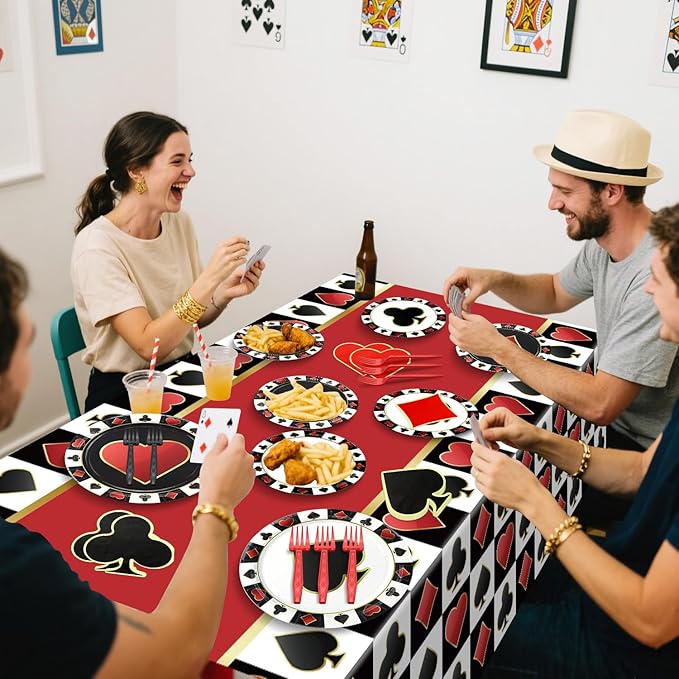 Casino Birthday Party Plates Set for 20 Guests, Including Poker Tablecloth, Napkins, Forks and Plates for Casino Theme Party Decorations Game Night Baby Shower