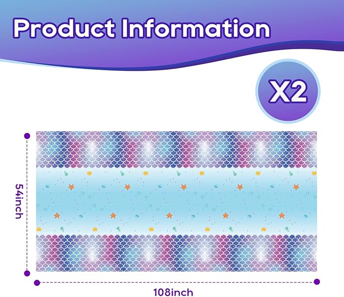 Mermaid Tablecloth 54×108 in, Under The Sea Plastic Table Cloth, Ocean Table Cover with Colorful Fish Scales, Starfish and Seashell, Disposable Plastic Party Tables Decor