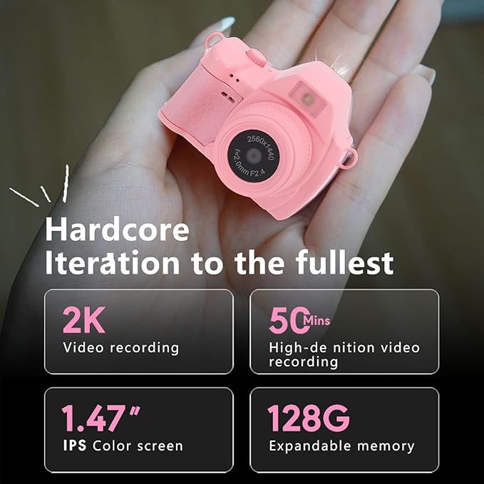 Bewinner 2K Digital Camera, Retro Keychain Camera with 1.47 Inch LCD Display and LED Light for Teens Students Travel (Pink)