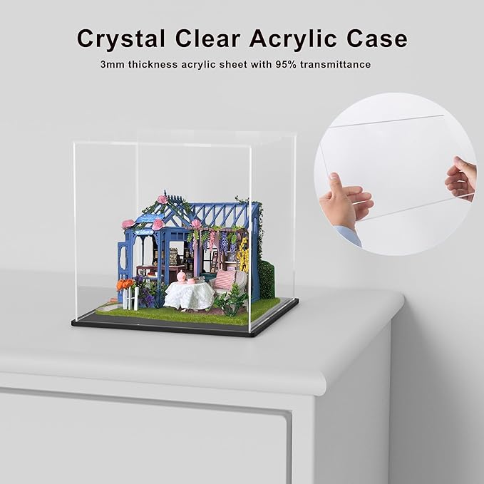 Large Acrylic Display Case for Collectibles, Hight Transparent Display Box for DIY Crafts House Kit, Dustproof Acrylic Dust Cover for Tiny House Kit and Toys 14.5×11×11 inch