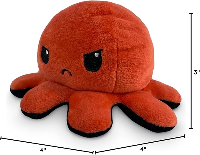 TeeTurtle Reversible Octopus Plushie - 4-Inch Angry Red + Rage Black Two-Sided Flip Plush Toy with Embroidered Details - Cute Mini Collectible Plush for Kids, Teens, and Adults