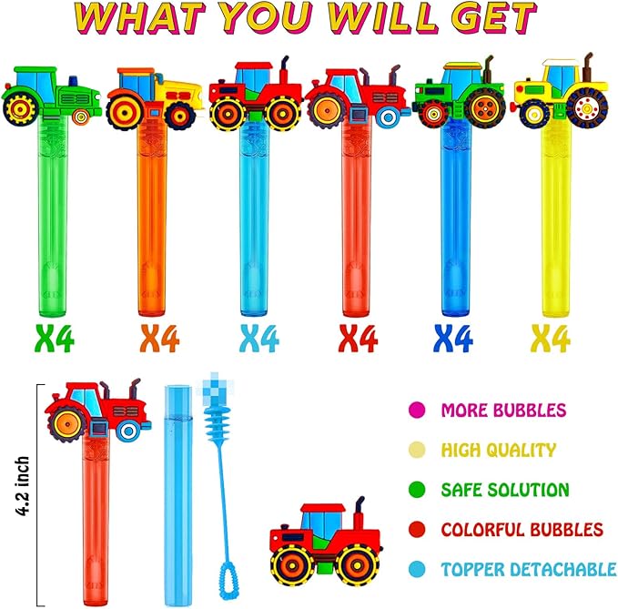 Tractor Party Favors,24Pcs Farm Tractor Bubble Wands for Kids, Cute Bubble Wand for Birthday Party Supplies Classroom Prizes Pinata Goodie Bag Stuffers Gift