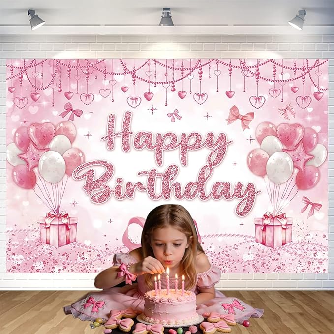 Pink Heart Bow Happy Birthday Backdrop Decorations Bow Banner Pink Bowknot Photo Background for Girls Birthday Party Decorations Supplies 70.8 x 47.2 Inch