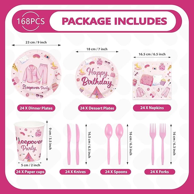168Pcs Pink Sleepover Party Supplies for Girls Pajama Birthday Plates Napkins Cups Forks Knives Spoons Hot Pink Slumber Party Paper Tableware for Girls Night Birthday Slumber Party Supplies Serves 24