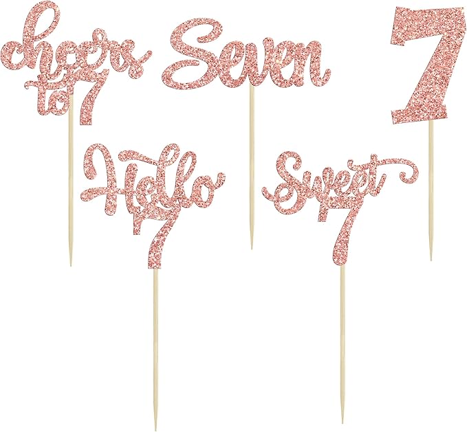 30Pcs 7th Birthday Cupcake Toppers Glitter Seven Happy 7 Cupcake Picks Cheers to 7 Years Old Cake Decorations for 7th Birthday Party Supplies Rose Gold