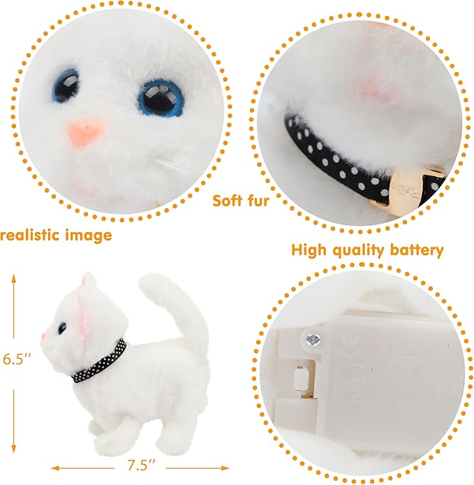 Easfan Walking Kitty Plush Toy Electric Interactive Cat Stuffed Animal Meowing Tail Wagging Head Nodding Cat Pet Toy Animated Kitten Birthday for Kids Toddlers,7.5’’ (White)