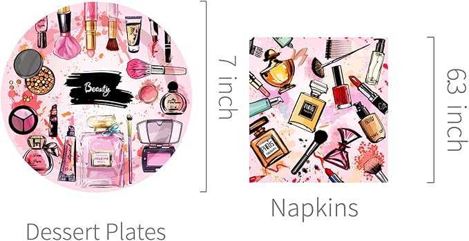 Lide Road Makeup Theme Party Supplies - 64 Pcs, Serves 24 Guests - Pink Makeup Party Plates & Napkins for Birthday & Wedding Parties